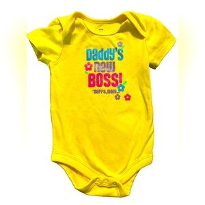 New Yellow “Dad’s New Boss…sorry, Mom” Sparkly Baby Girl One bodysuit Sz 6-9 MO
